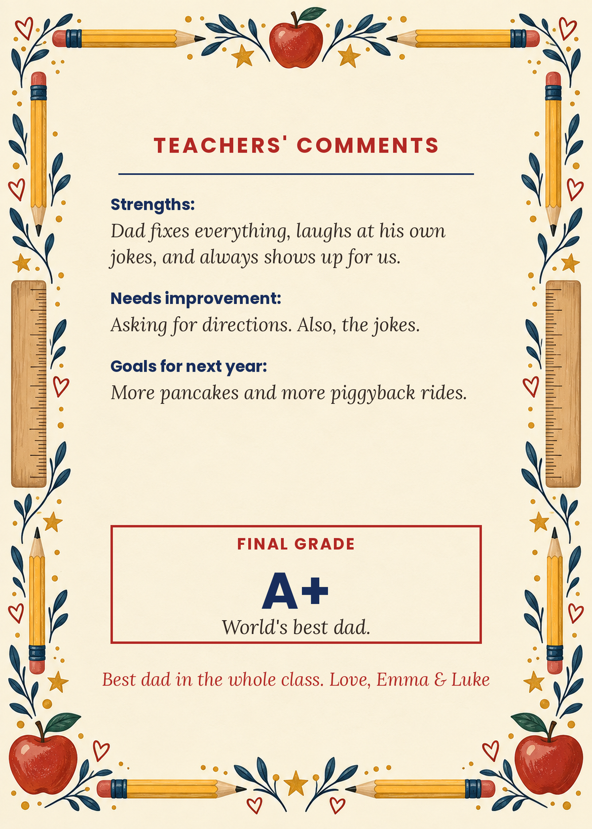 Inside: teachers' comments and final grade A+