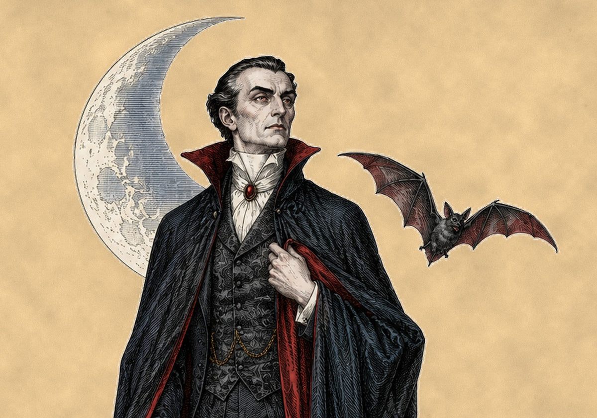 Detail of the Dracula illustration with crescent moon and bat