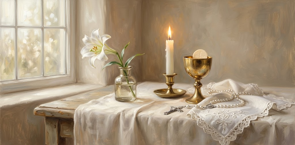 First Holy Communion rosary still life devotional art