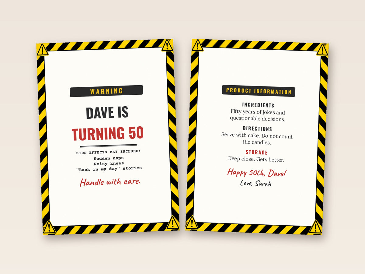 Warning label card cover and inside side by side