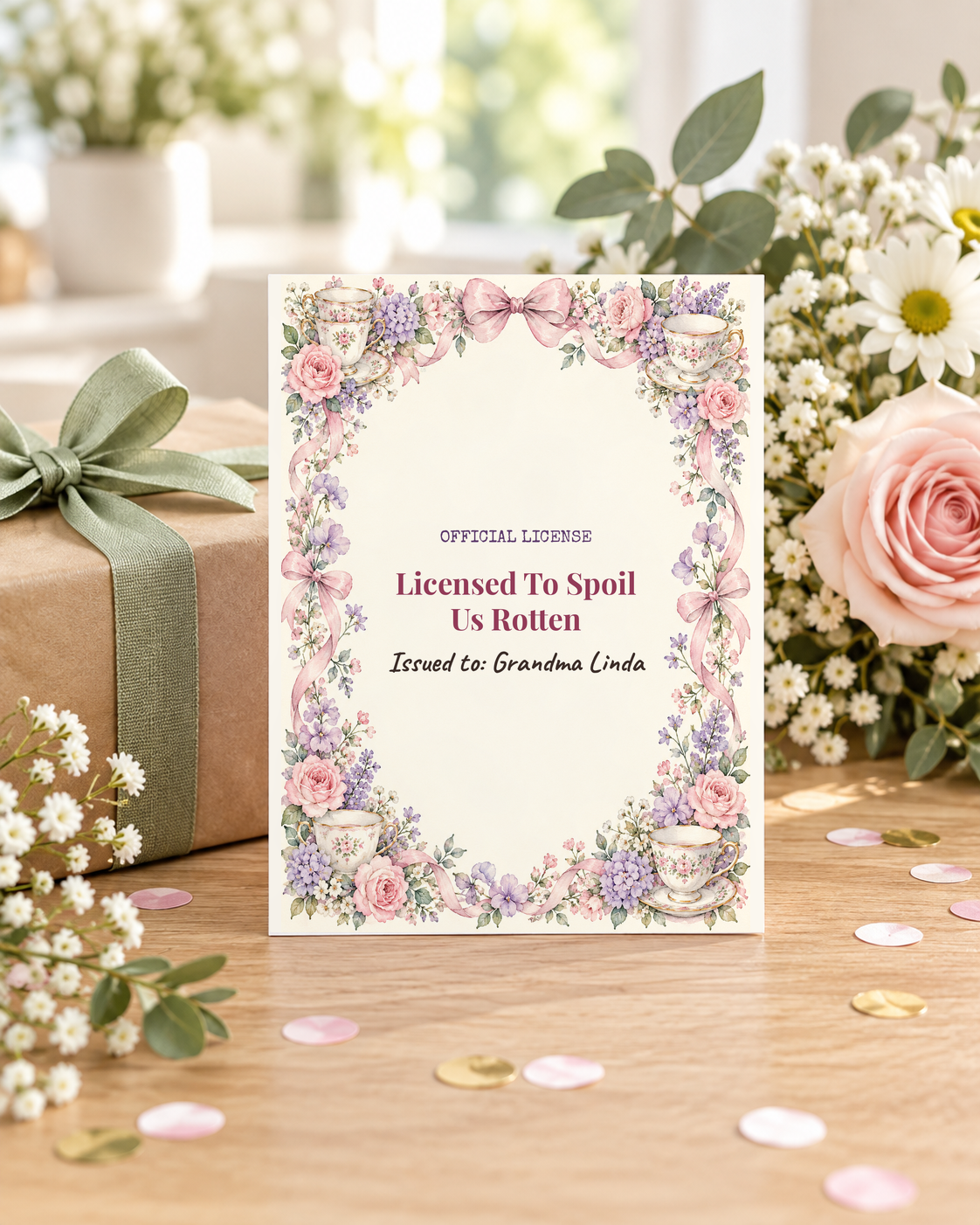 Grandma License card styled with a wrapped gift and flowers