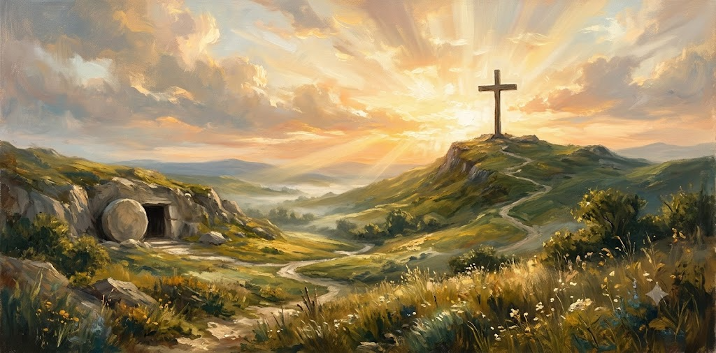 He Is Risen Easter cross sunrise empty tomb painting