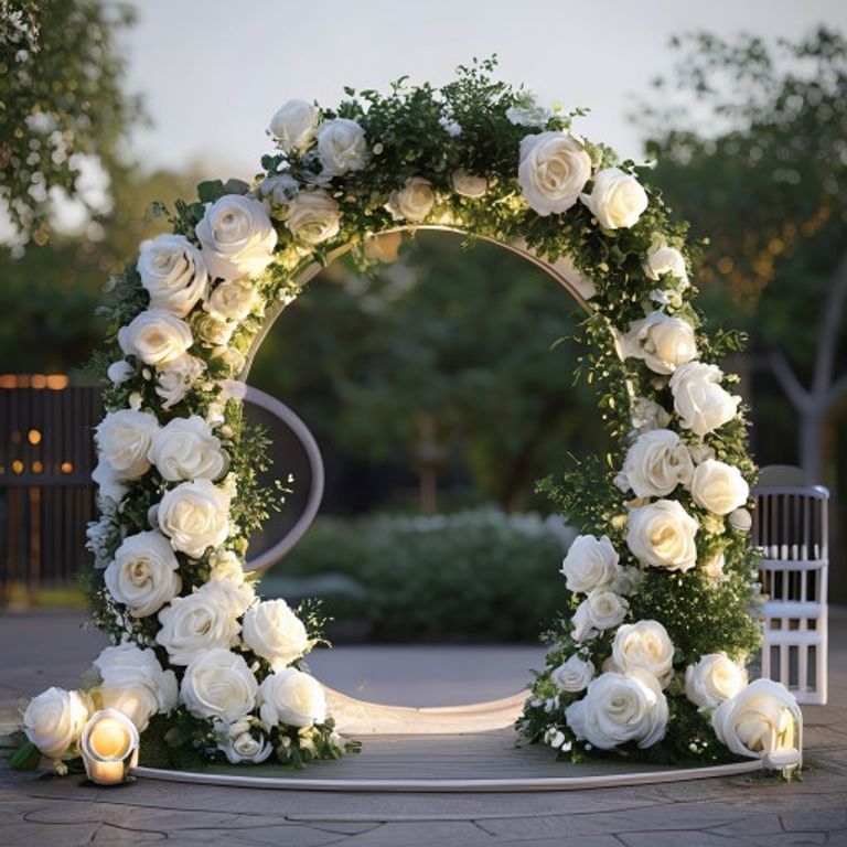 Circle moon gate wedding backdrop with white roses