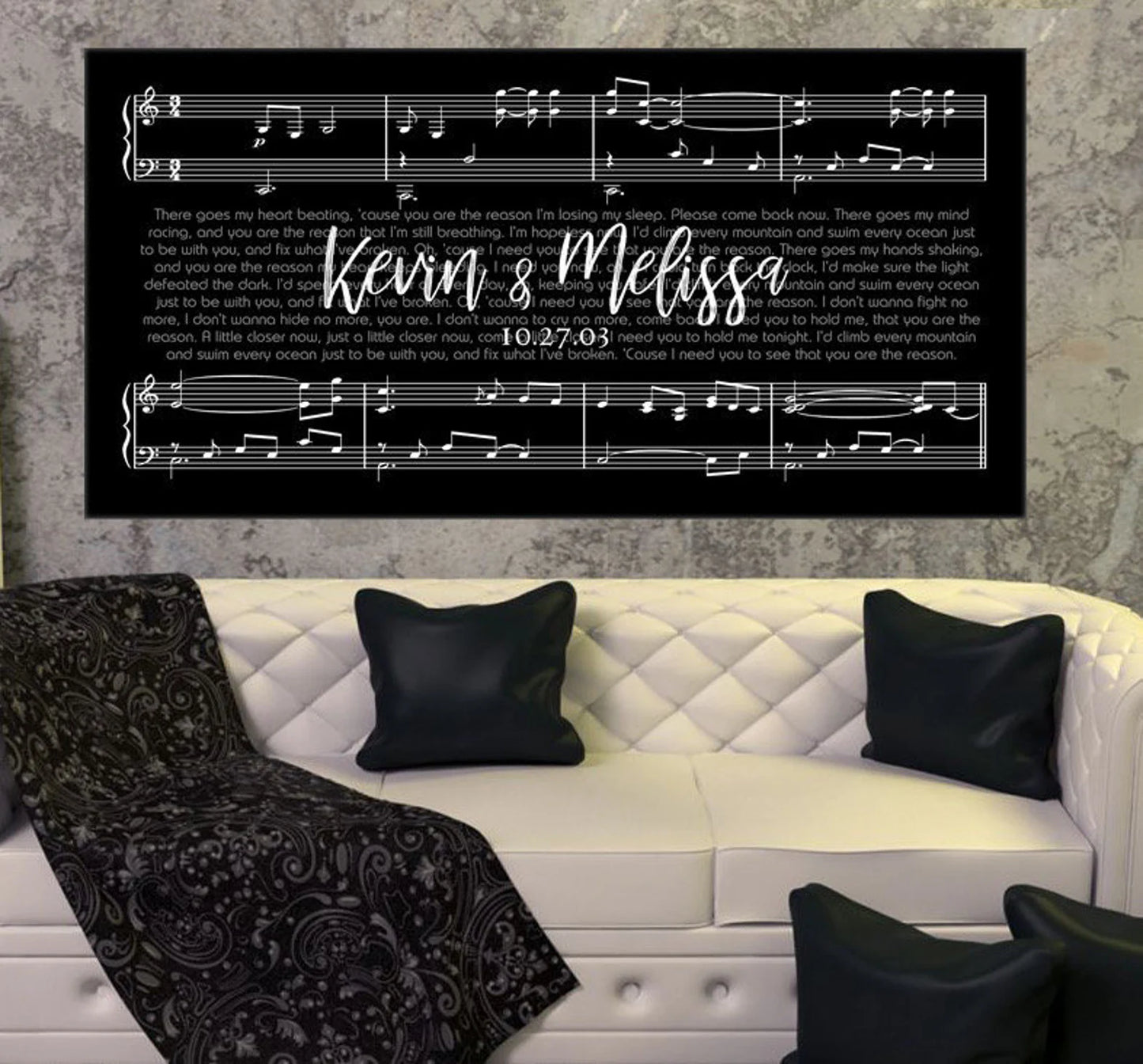 Custom Wedding Names and Date Lyrics Sheet Music Black Luxe, Valentine’s Day Gift, Canvas Art Print