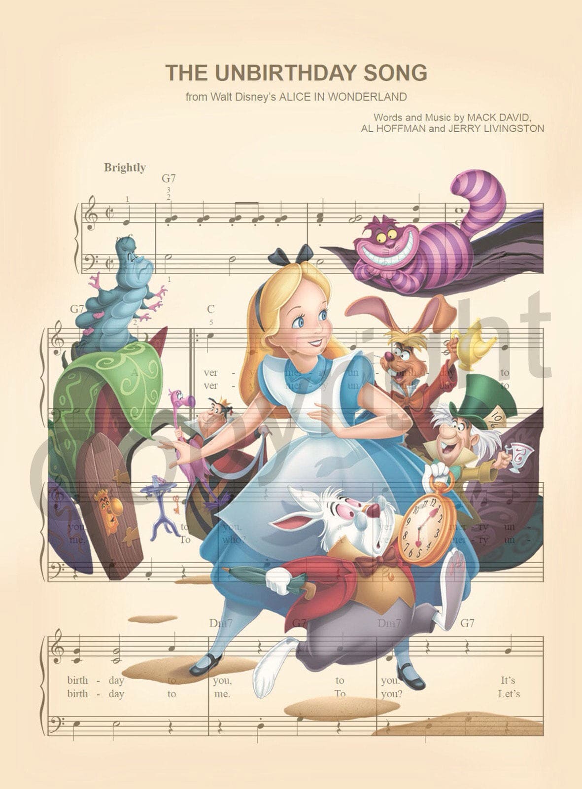 Alice in Wonderland Characters The Unbirthday Song Sheet Music Art Print