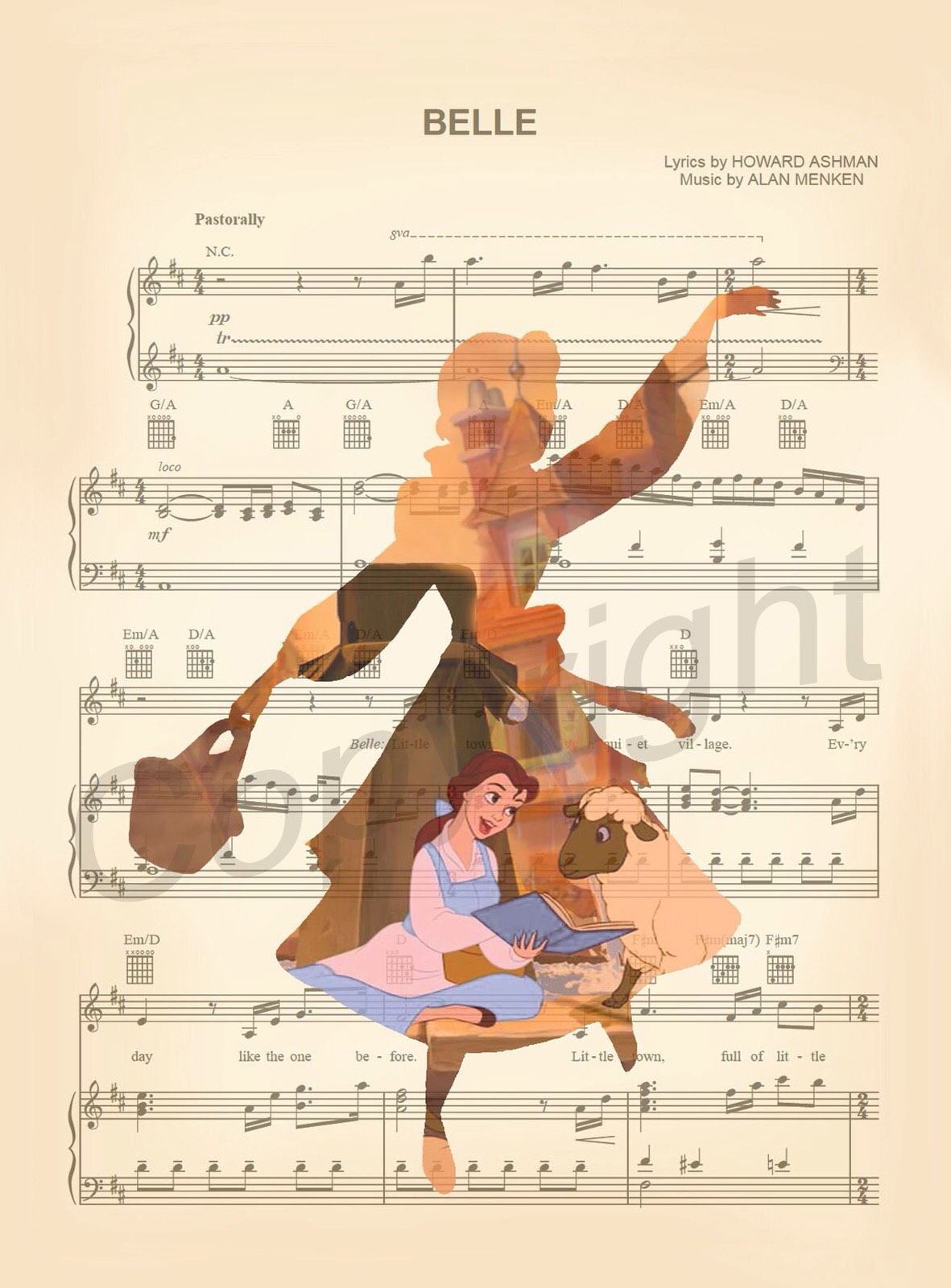 Beauty and the Beast with Basket Sheet Music Art Print