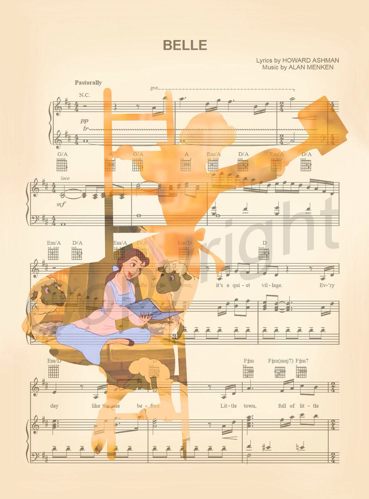 Beauty and the Beast Belle on Ladder Sheet Music Art Print