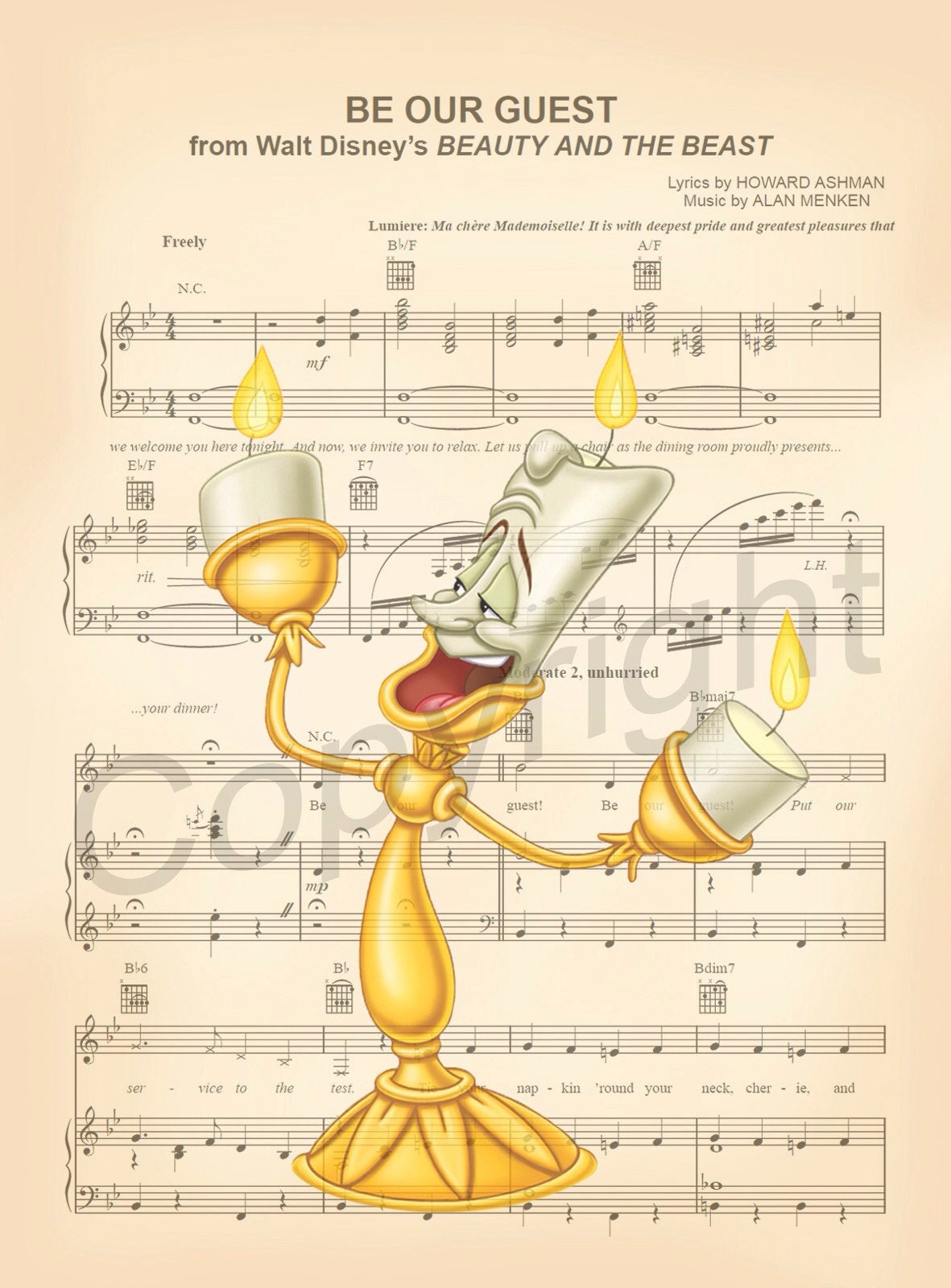 Beauty and the Beast Lumière Be Our Guest Sheet Music Art Print