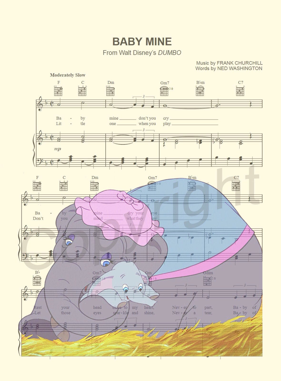 Dumbo and Mother Baby Mine Sheet Music Wall Art — Disney Gift for Music Lovers