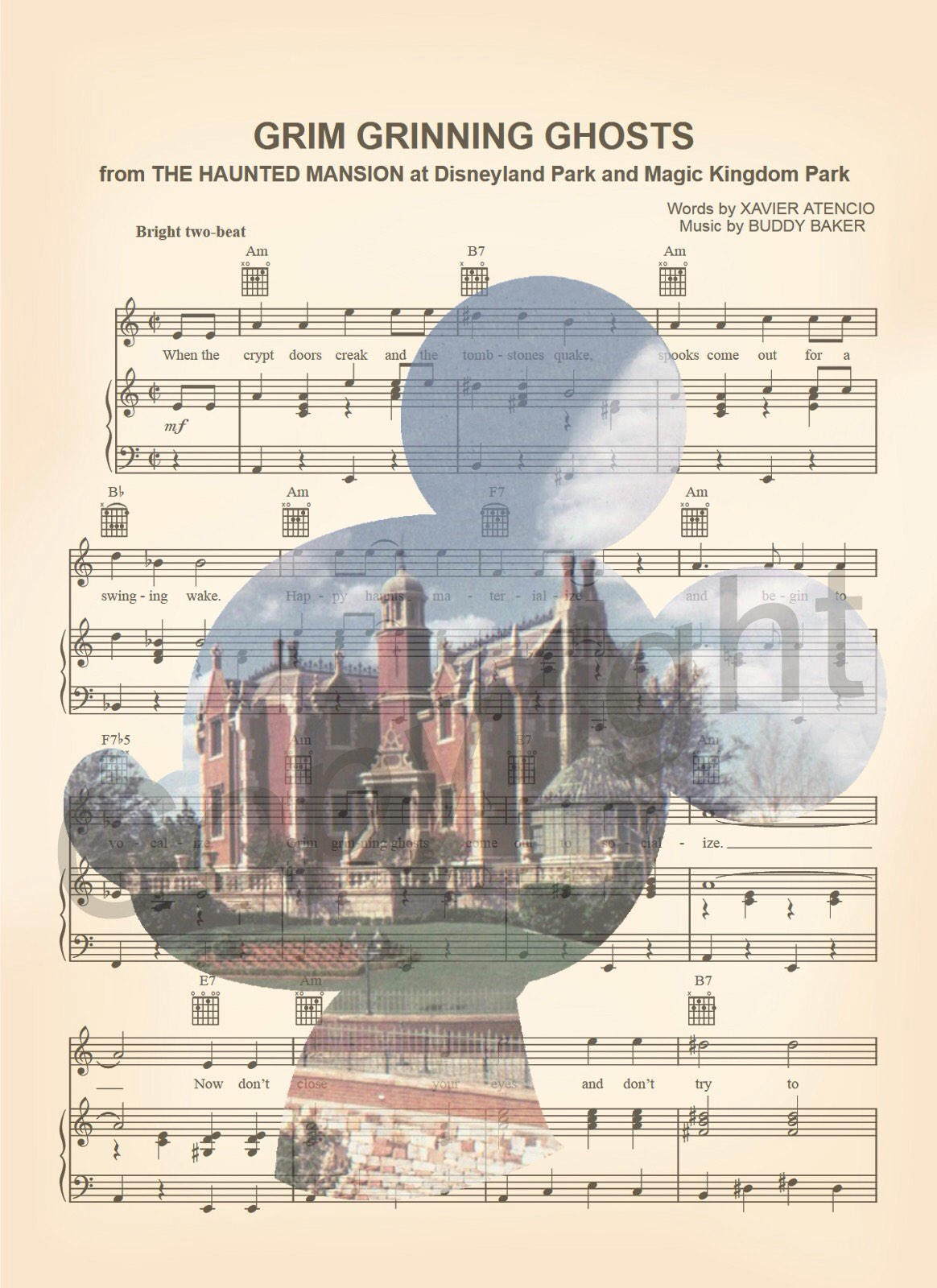Haunted Mansion Ride Mickey Silhouette Sheet Music Art Print