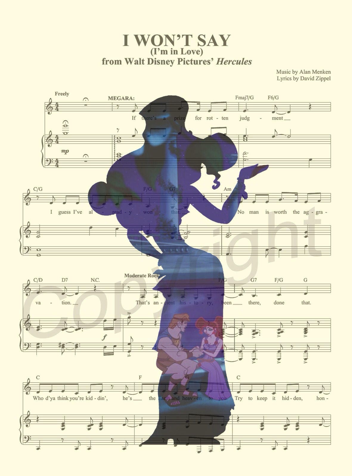 Hercules Meg Silhouette I Won't Say I'm In Love Sheet Music Art Print