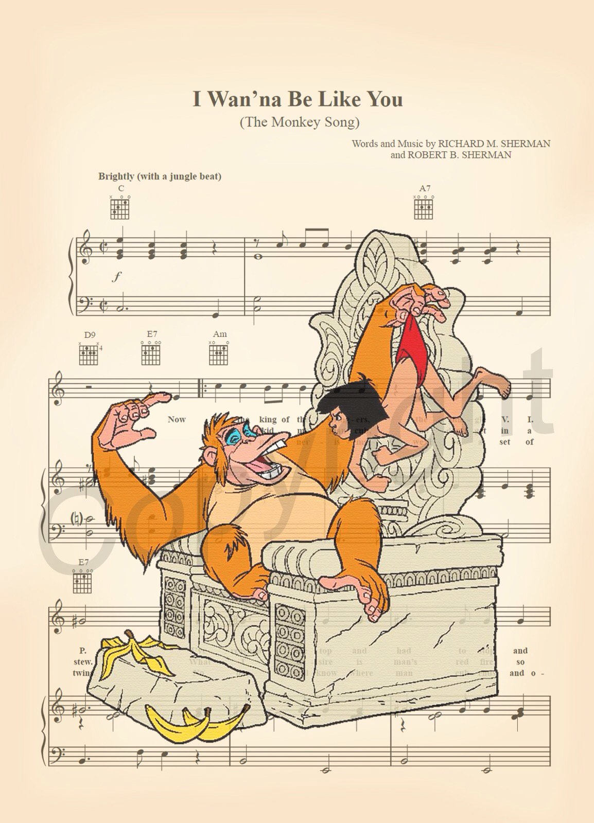 Jungle Book Mowgli and King Louie Sheet Music Art Print