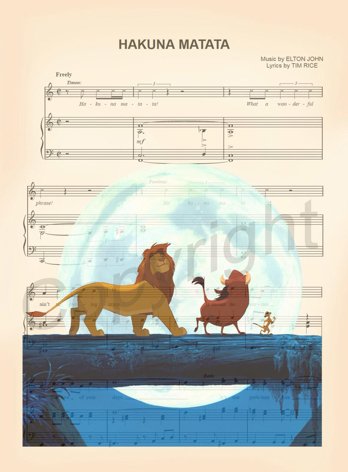 Lion King Simba Timon and Pumba Hakuna Matata Sheet Music Art Print