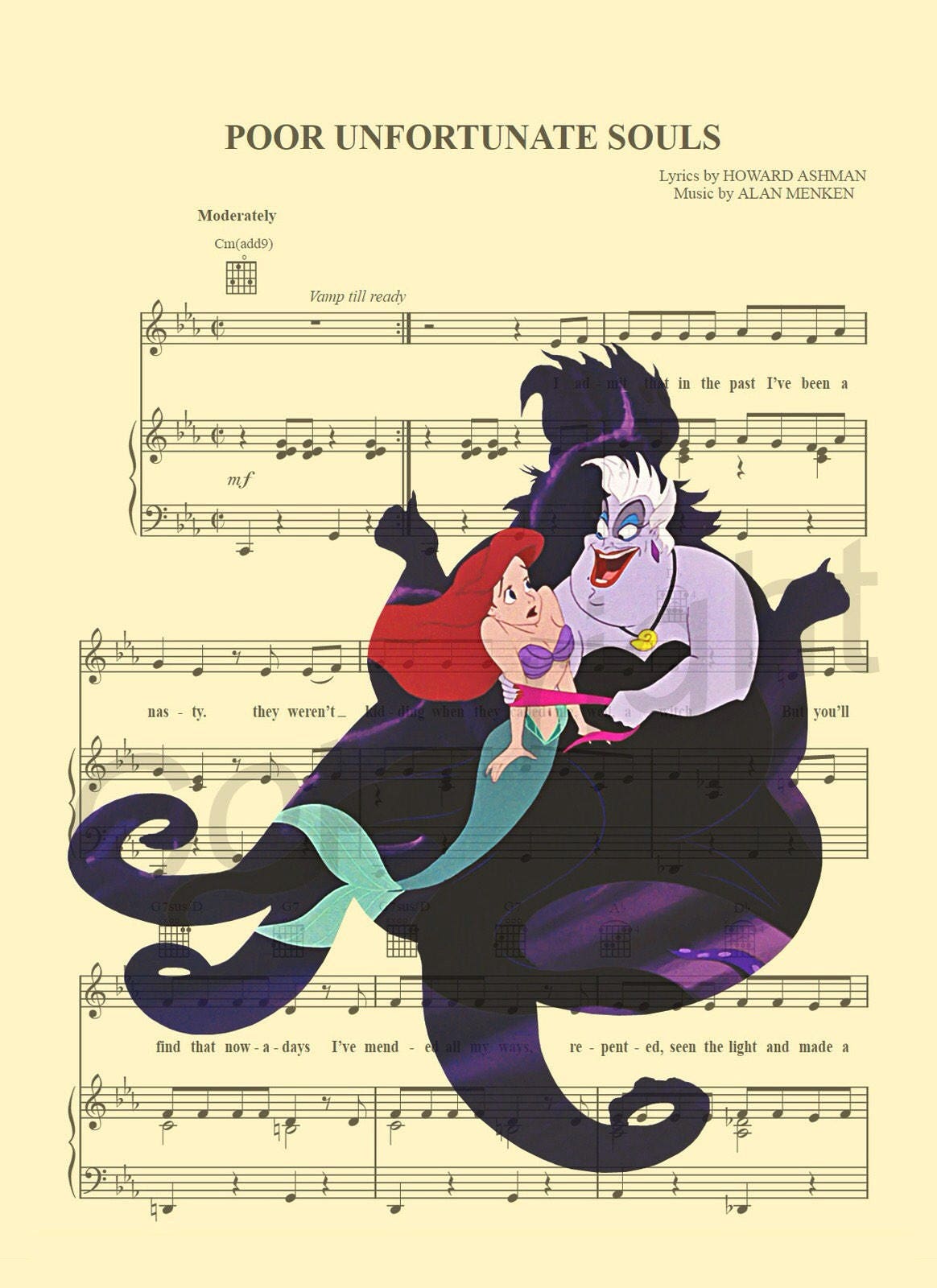 Little Mermaid Ursula Silhouette Poor Unfortunate Souls Sheet Music Art Print