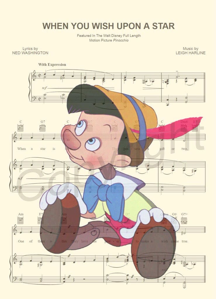 Pinocchio Sitting When You Wish Upon A Star Sheet Music Art Print