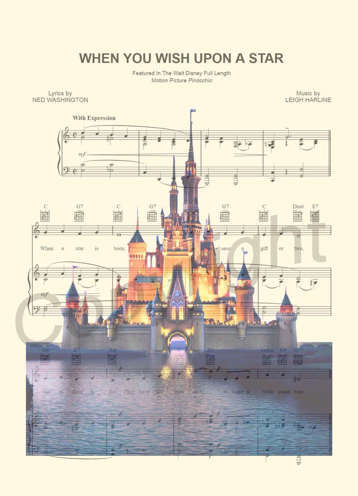 Disney World Cinderella Castle Sheet Music Wall Art — Disney Gift for Music Lovers