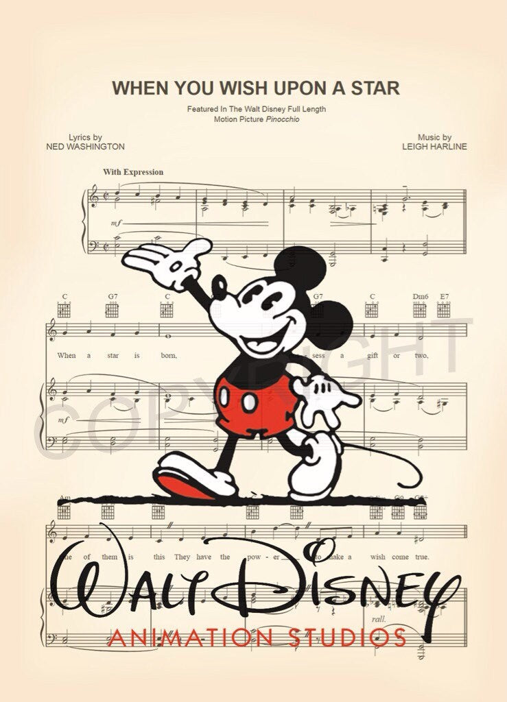 Mickey Mouse Walt Disney Animation Studios When You Wish Upon A Star Sheet Music Art Print