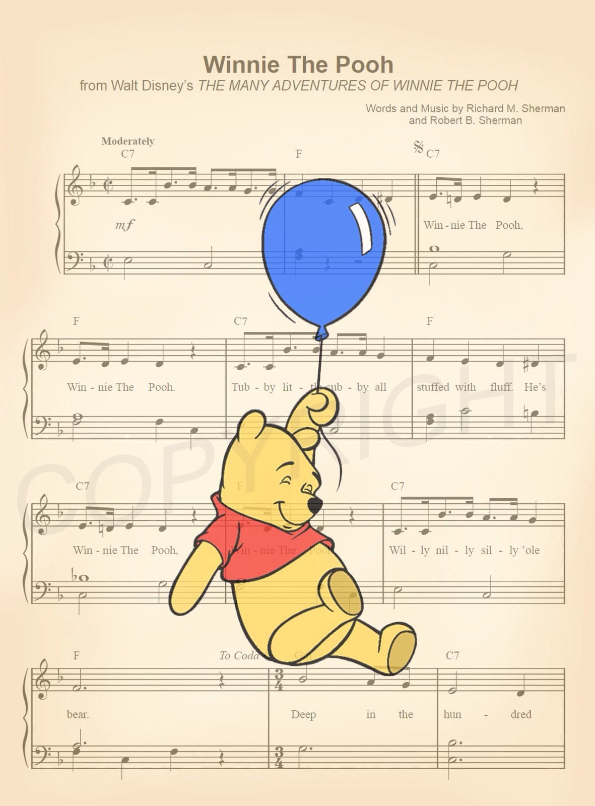 Winnie the Pooh with Blue Balloon Sheet Music Wall Art — Disney Gift for Music Lovers