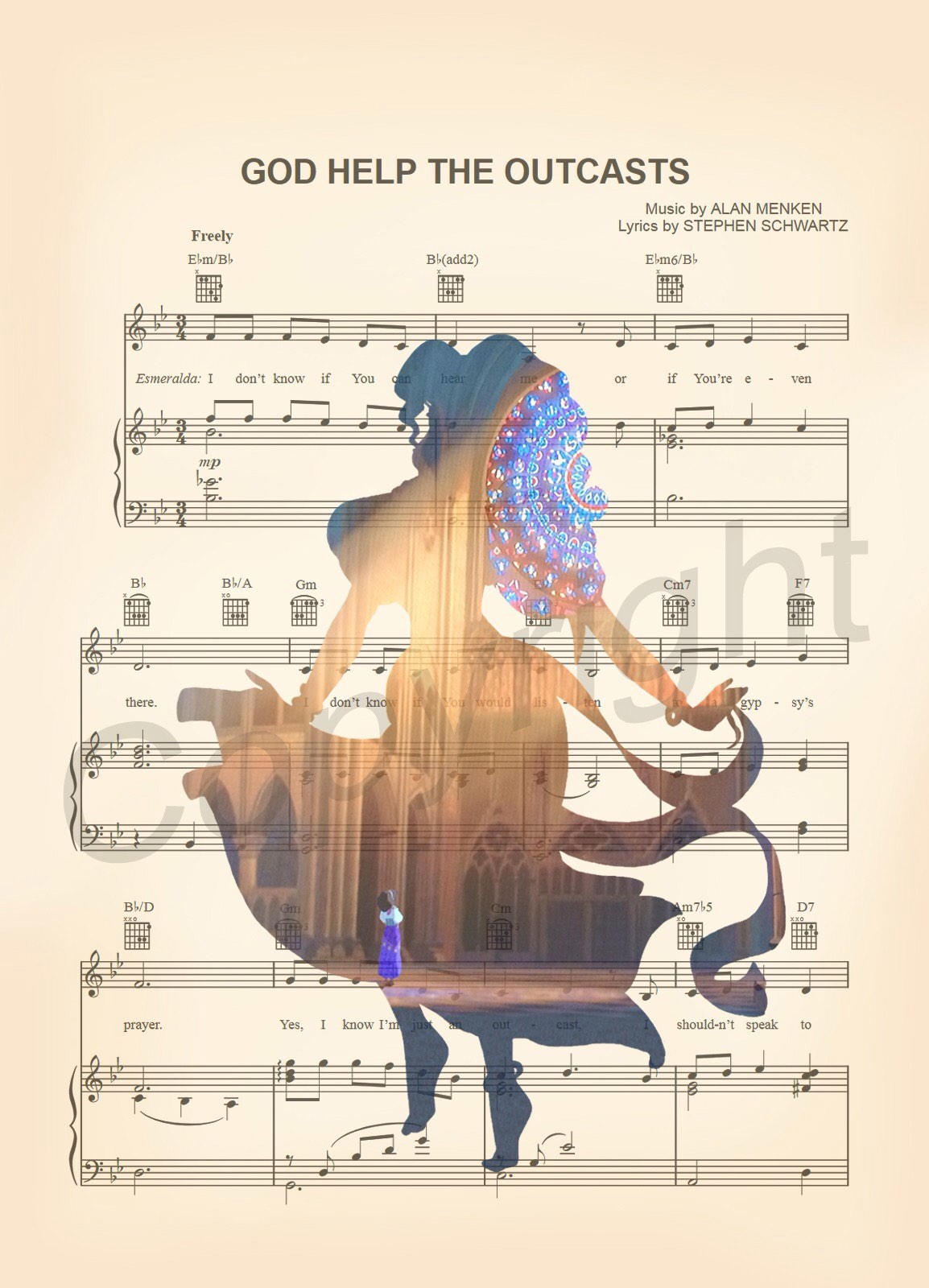 Hunchback of Notre Dame Esmeralda God Help the Outcasts Sheet Music Wall Art — Disney Gift for Music Lovers
