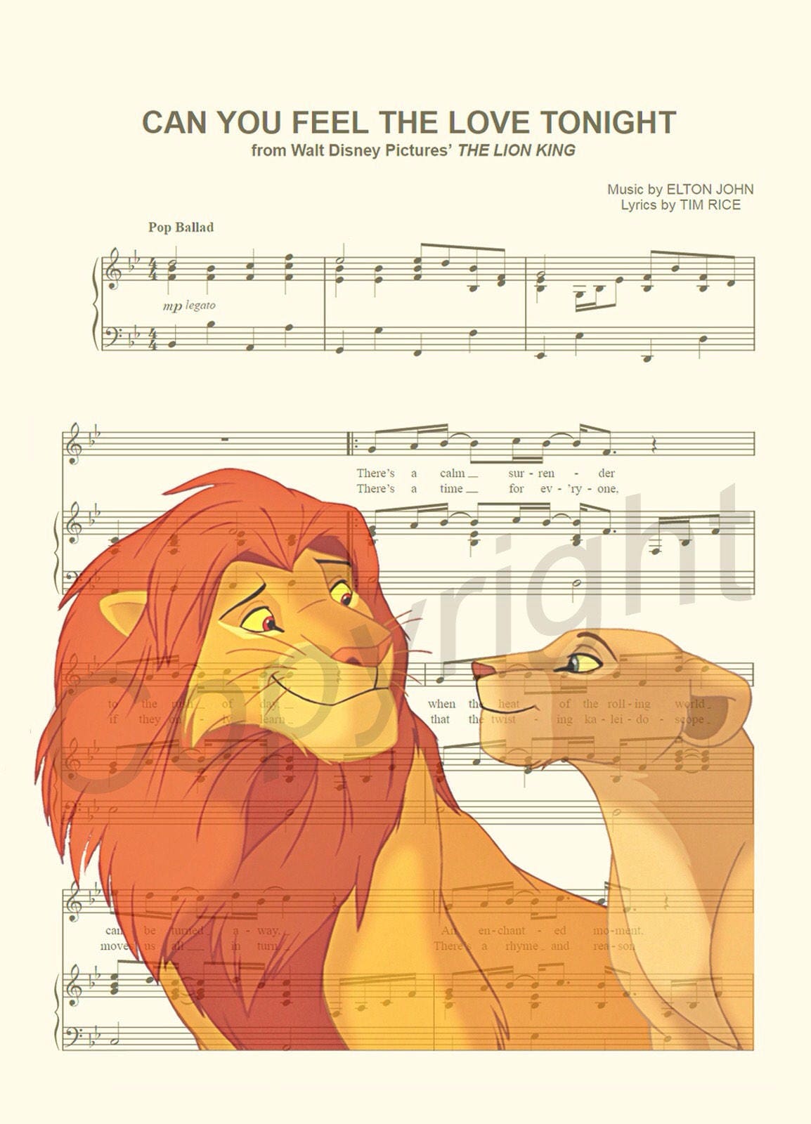 Lion King Simba and Nala Sheet Music Art Print