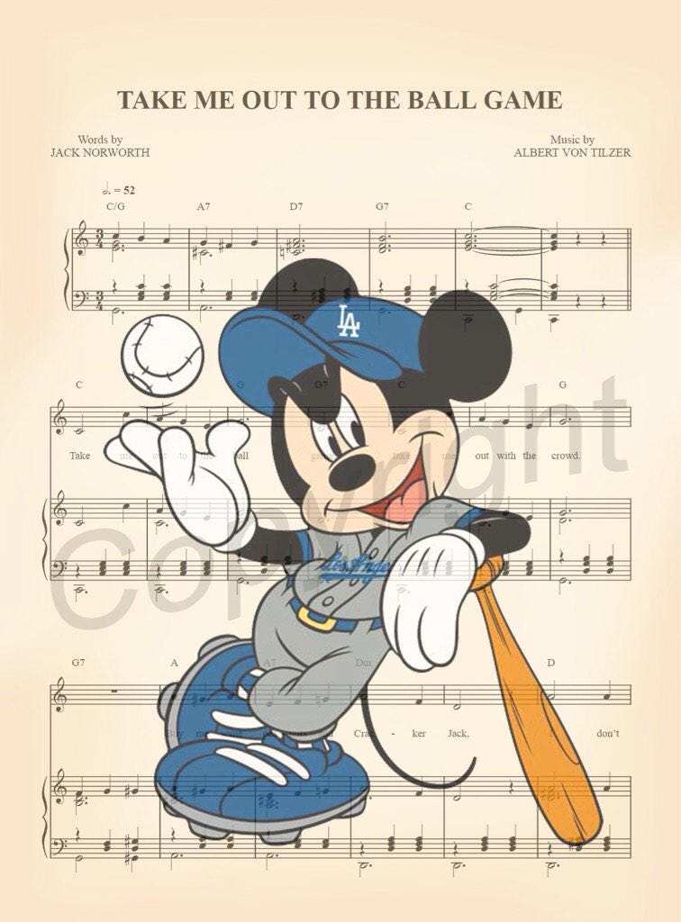 Mickey Dodgers Cardinals Red Sox Angels Phillies Sports Team Take Me Out to the Ball Game Sheet Music Art Print