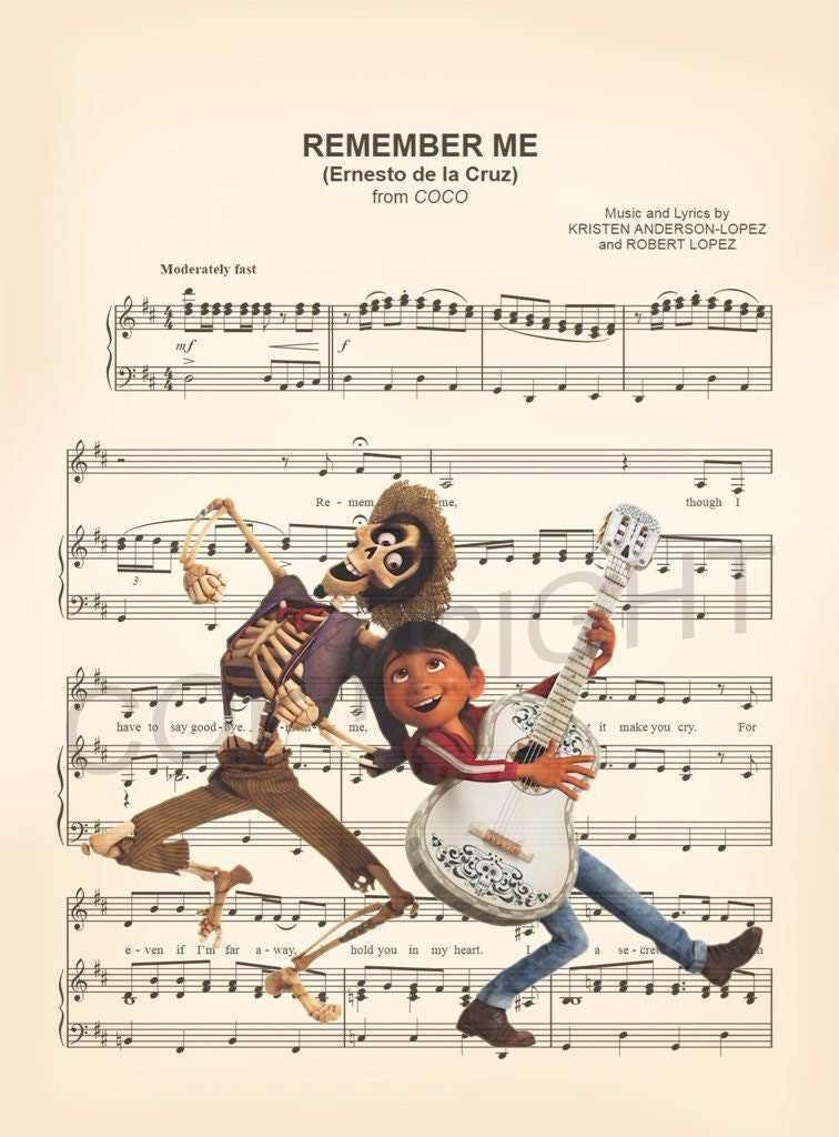 Coco Miguel and Hector Remember Me Sheet Music Wall Art — Disney Gift for Music Lovers