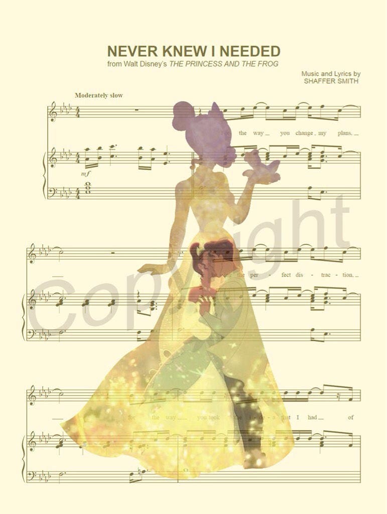 Princess and the Frog Kiss Sheet Music Art Print