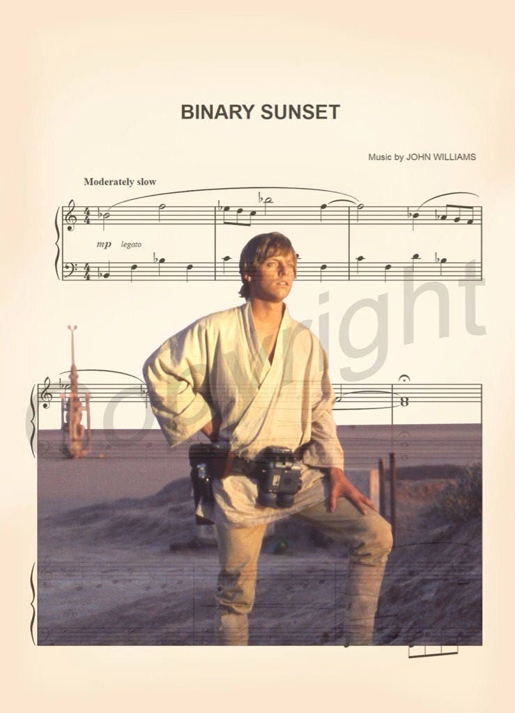 Star Wars Luke Skywalker Binary Sunset Sheet Music Wall Art — Disney Gift for Music Lovers
