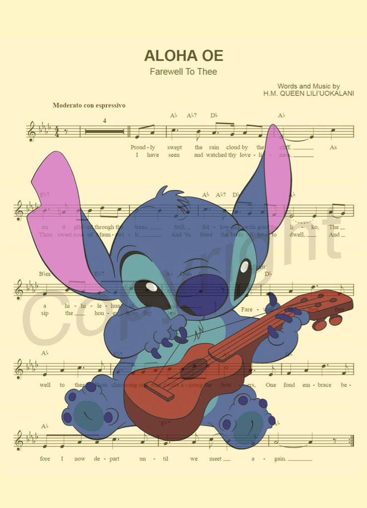 Stitch Playing Ukulele Sheet Music Wall Art — Disney Gift for Music Lovers