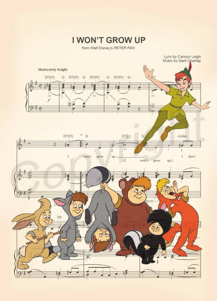 Peter Pan and the Lost Boys I Won't Grow Up Sheet Music Art Print