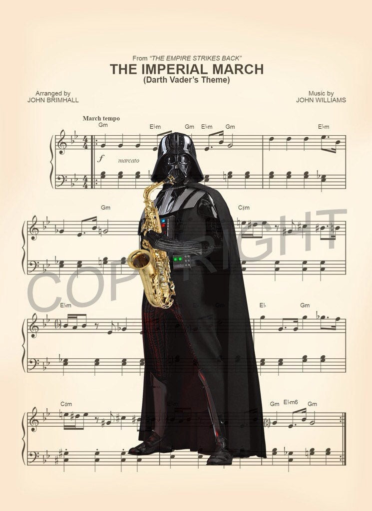 Star Wars Darth Vader Playing Saxophone Imperial March Sheet Music Wall Art — Disney Gift for Music Lovers