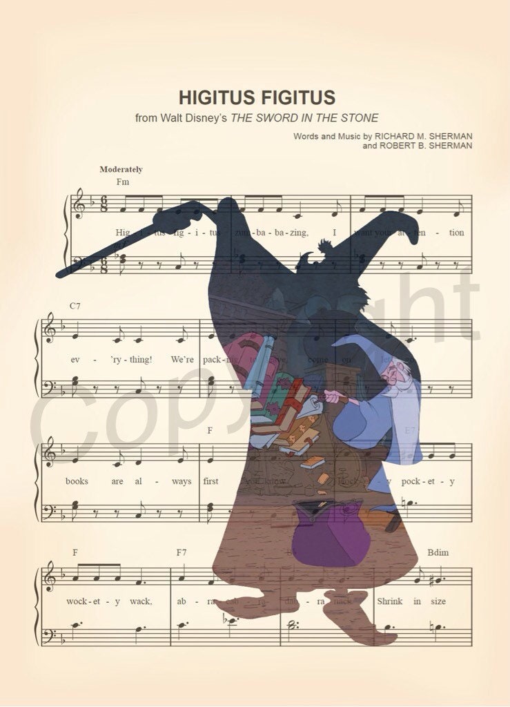 Sword in the Stone Merlin Higitus Figitus Sheet Music Wall Art — Disney Gift for Music Lovers