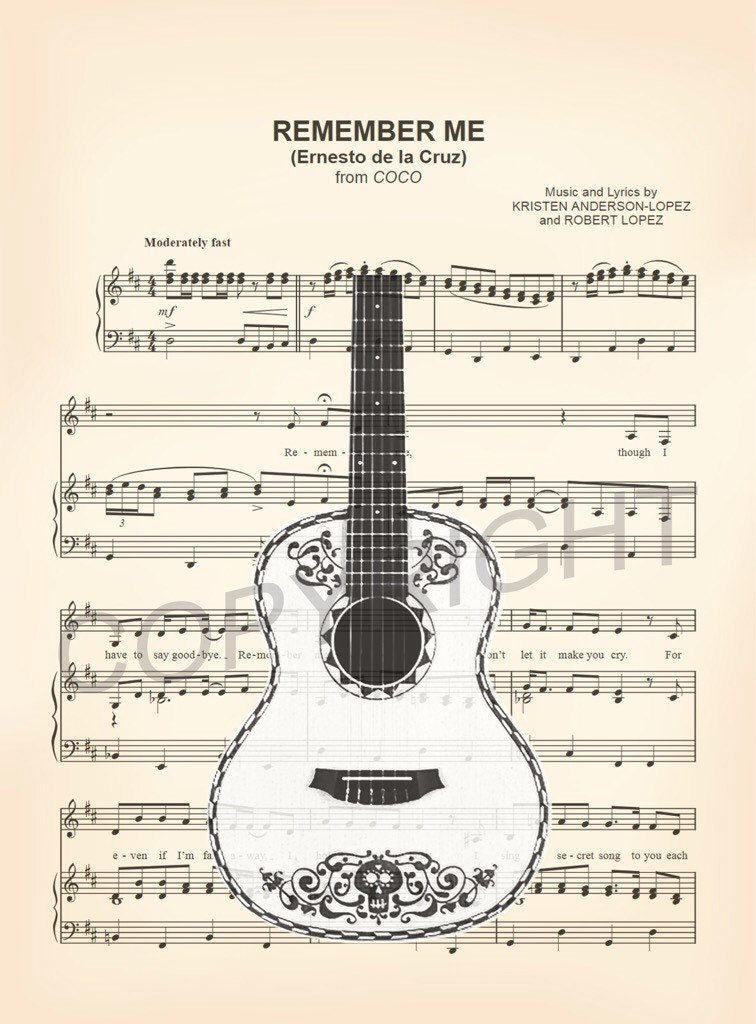 Coco Guitar Remember Me Sheet Music Wall Art — Disney Gift for Music Lovers