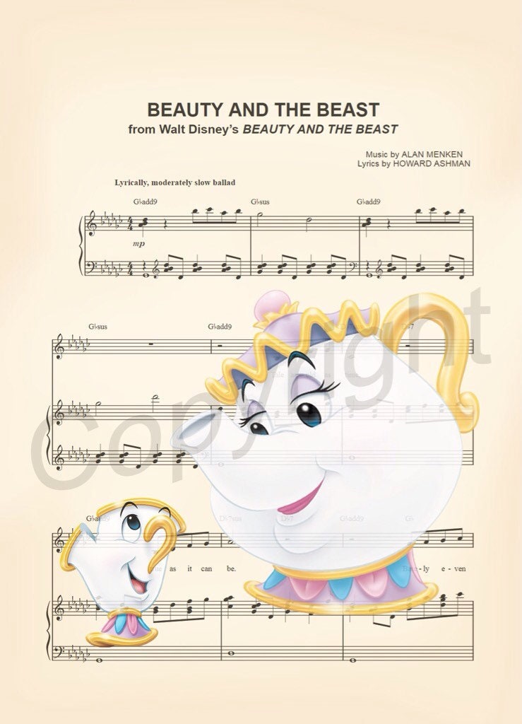 Beauty and the Beast Mrs. Potts and Chip Tale As Old As Time Sheet Music Art Print