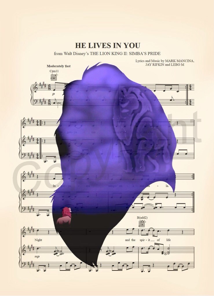 Lion King Mufasa and Simba He Lives In You Sheet Music Art Print