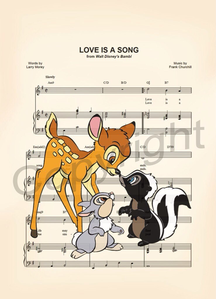 Bambi Thumper & Flower Love Is A Song Sheet Music Wall Art — Disney Gift for Music Lovers