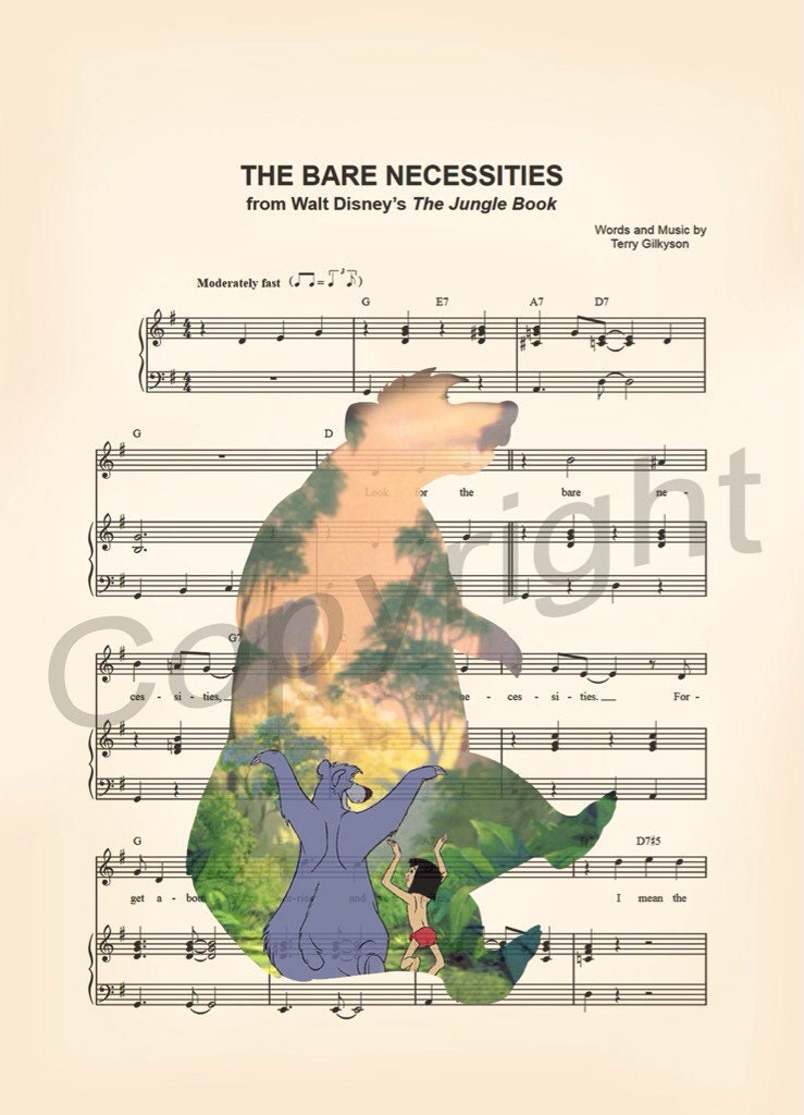 The Jungle Book Baloo and Mowgli Bare Necessities Sheet Music Wall Art — Disney Gift for Music Lovers