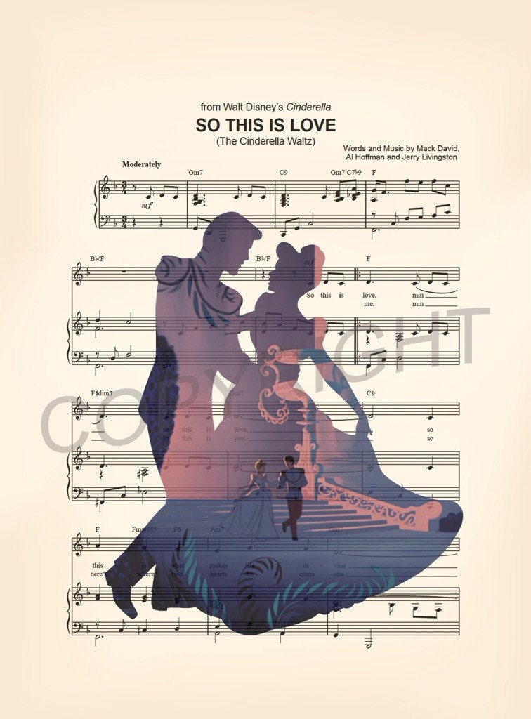 Cinderella and Prince Charming Silhouette So This Is Love Sheet Music Art Print