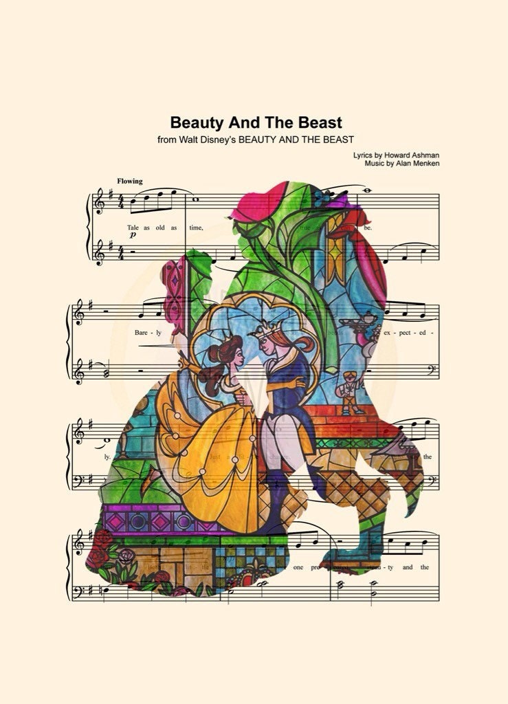 Beauty and the Beast Stained Glass Belle and the Beast Tale As Old As Time Sheet Music Wall Art — Disney Gift for Music Lovers