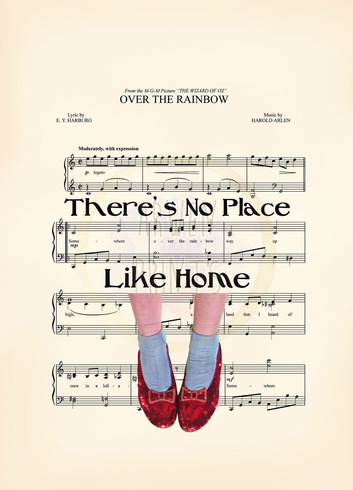 Wizard of Oz No Place Like Home Ruby Red Slippers Over the Rainbow Sheet Music Art Print
