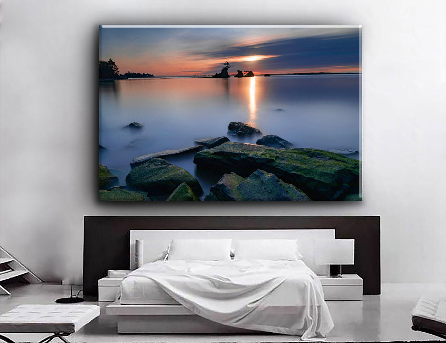 Oregon Coast Art, Sunset of Theee Brothers Rocks at Lincoln City, Serene Water Scene Canvas Art