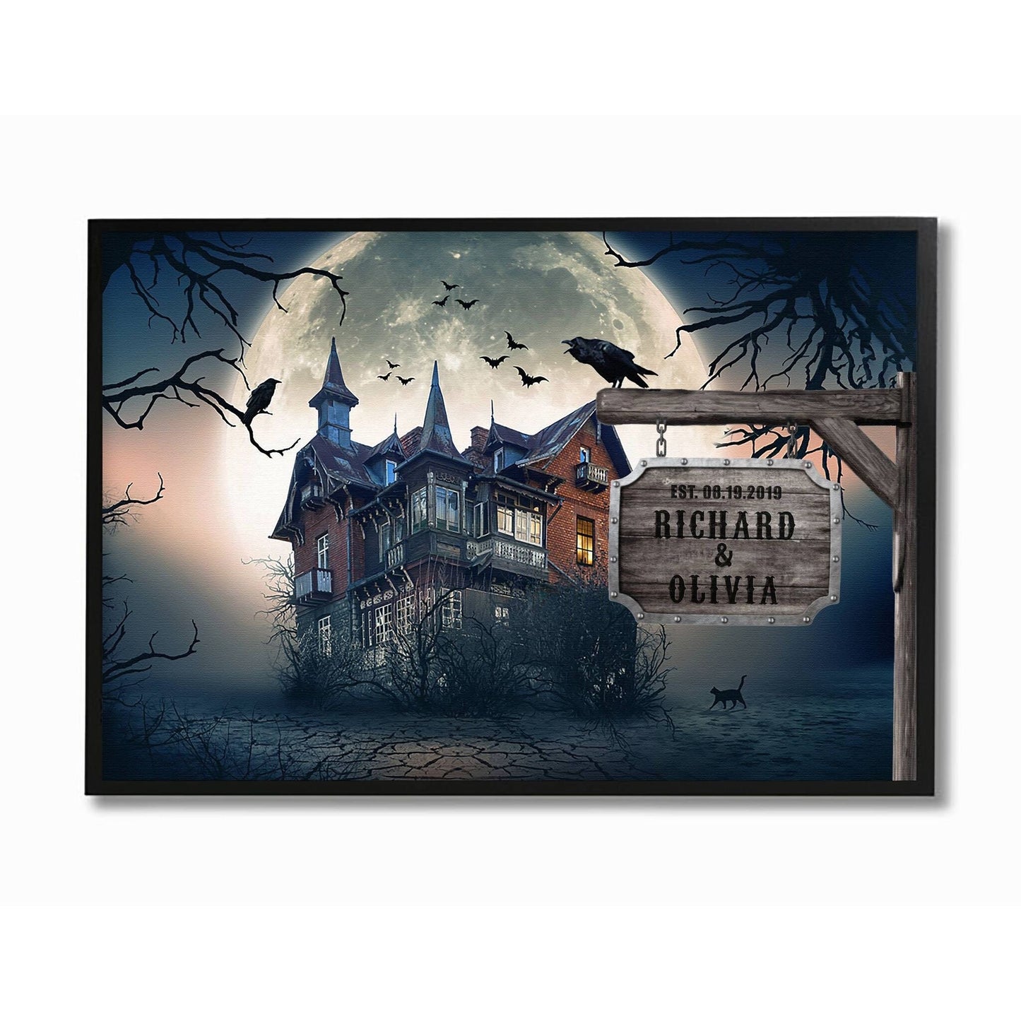 Halloween Custom Haunted House, Couple Names and Date Sign, Canvas Art Print