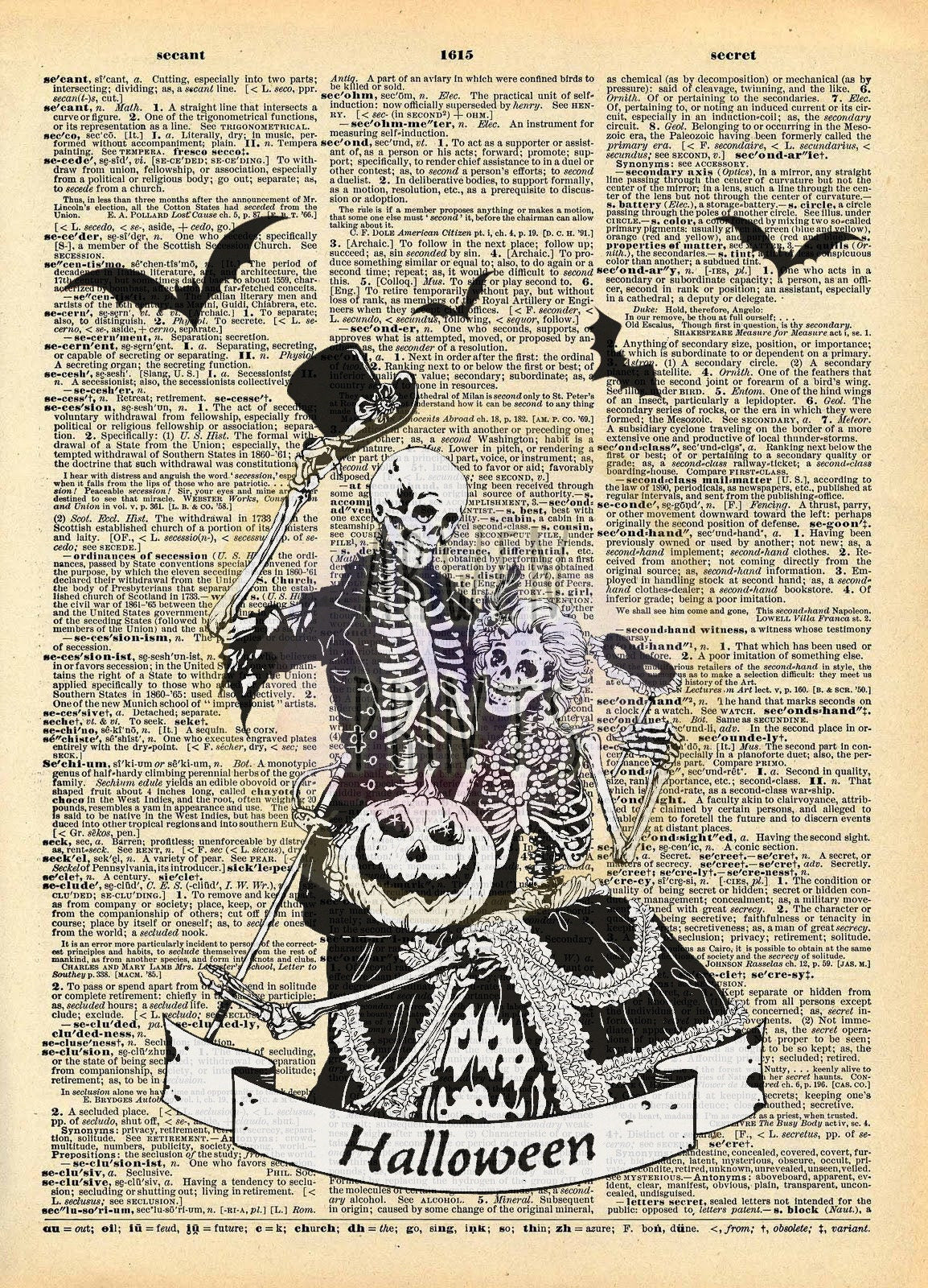 Halloween Skeleton Couple Bats Vintage Dictionary Art Print