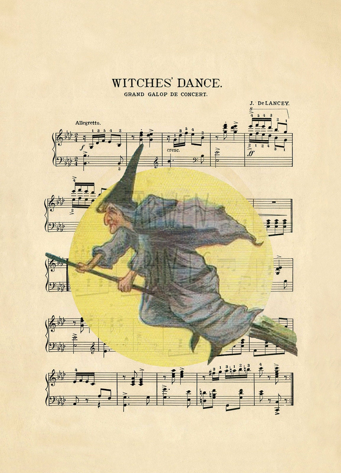 Halloween Vintage Witch Sheet Music Art Print