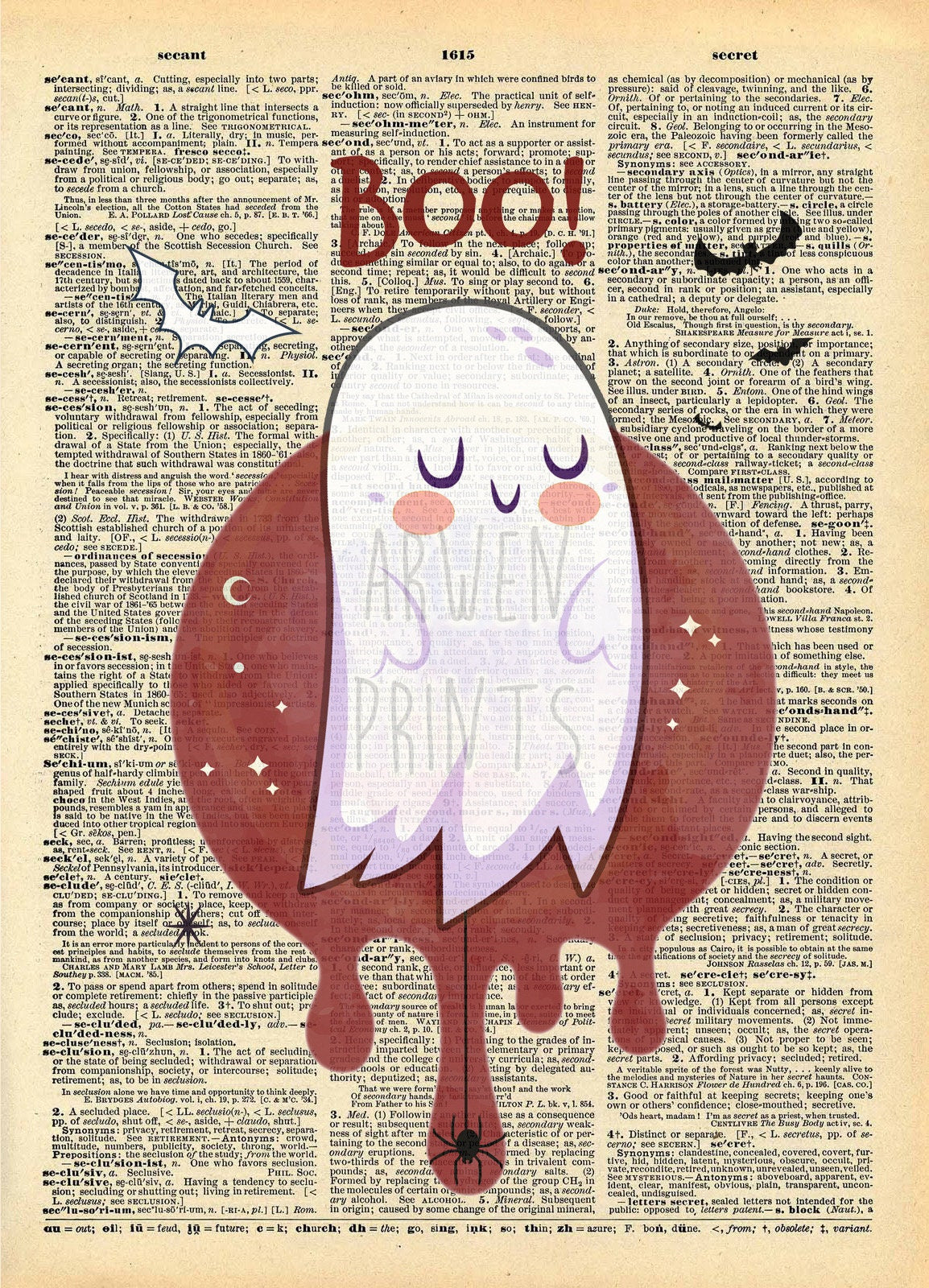 Halloween Ghost with Bats Boho Dictionary Art Print