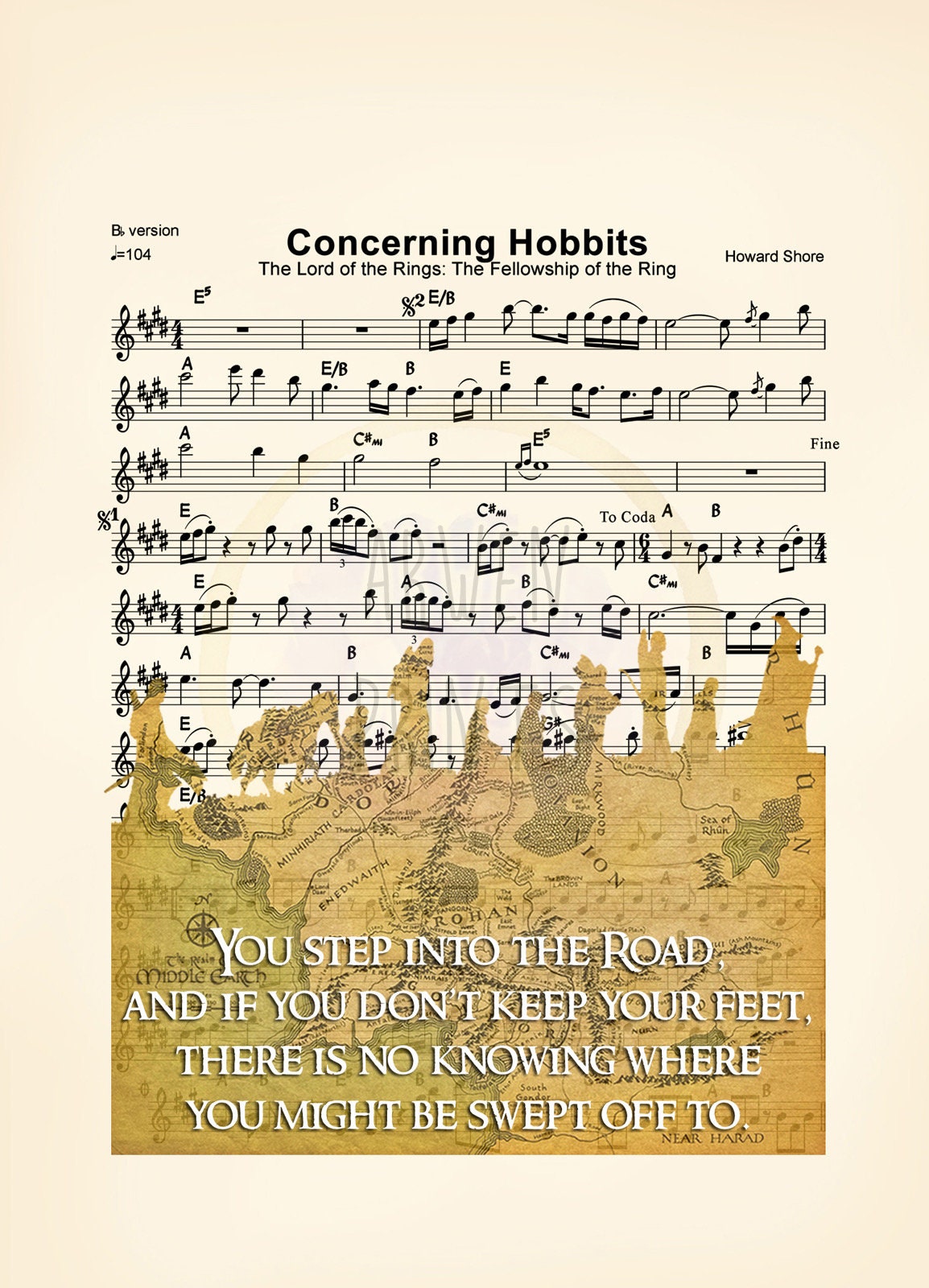 Lord of the Rings Map Silhouette Quote Sheet Music Art Print