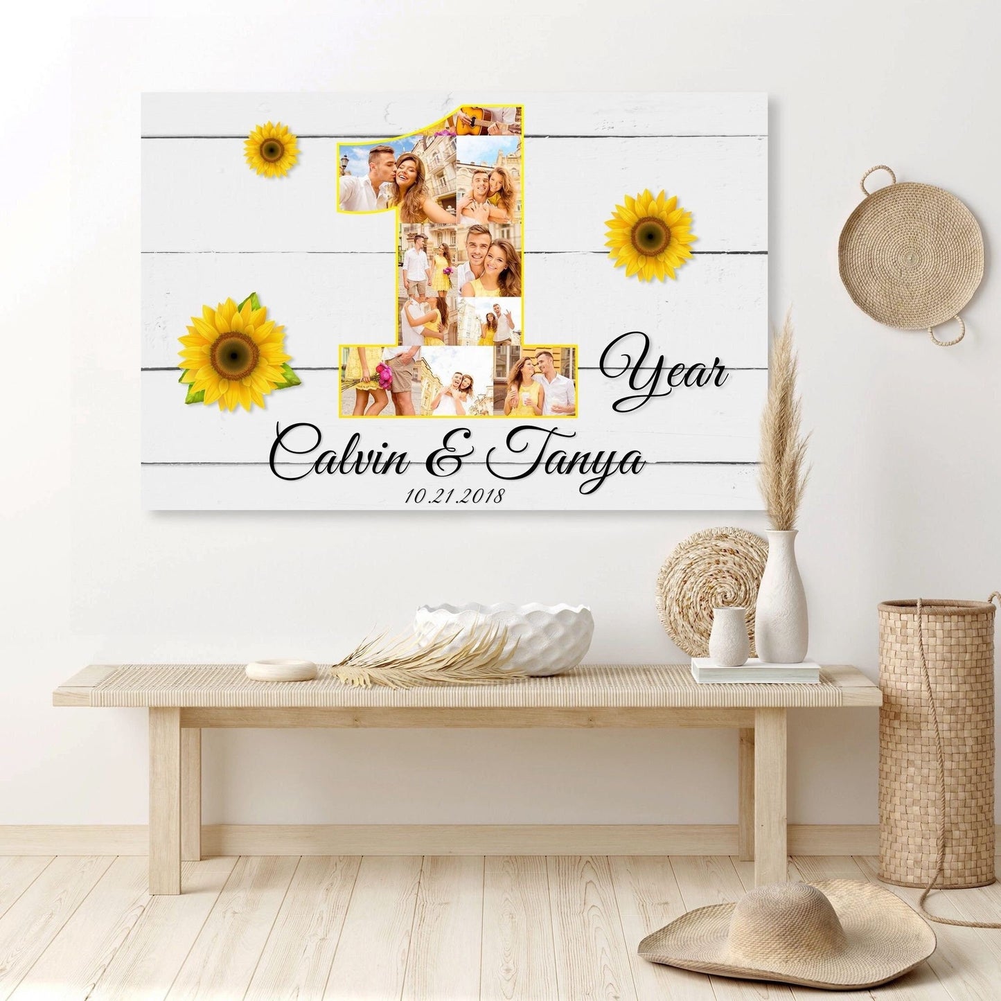 Couple Picture Collage Names and Date One Year Anniversary Canvas Wall Decor Art Print