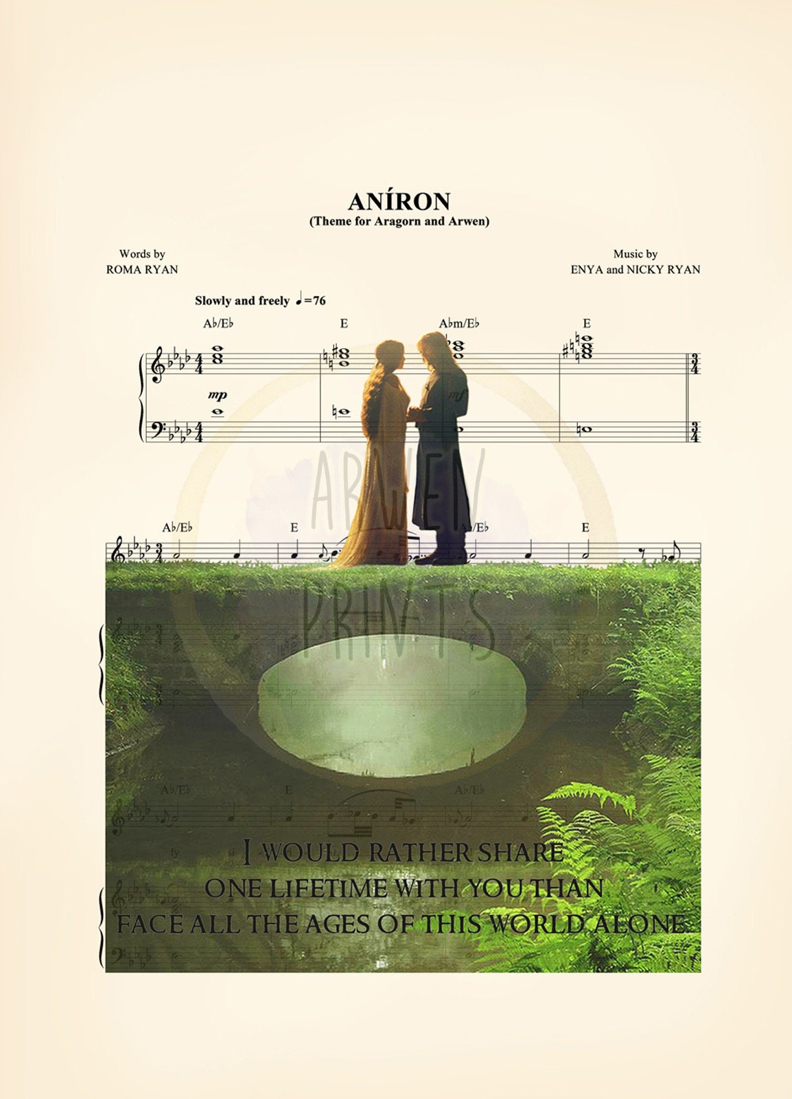 Lord of the Rings Arwen and Aragorn Quote Sheet Music Art Print
