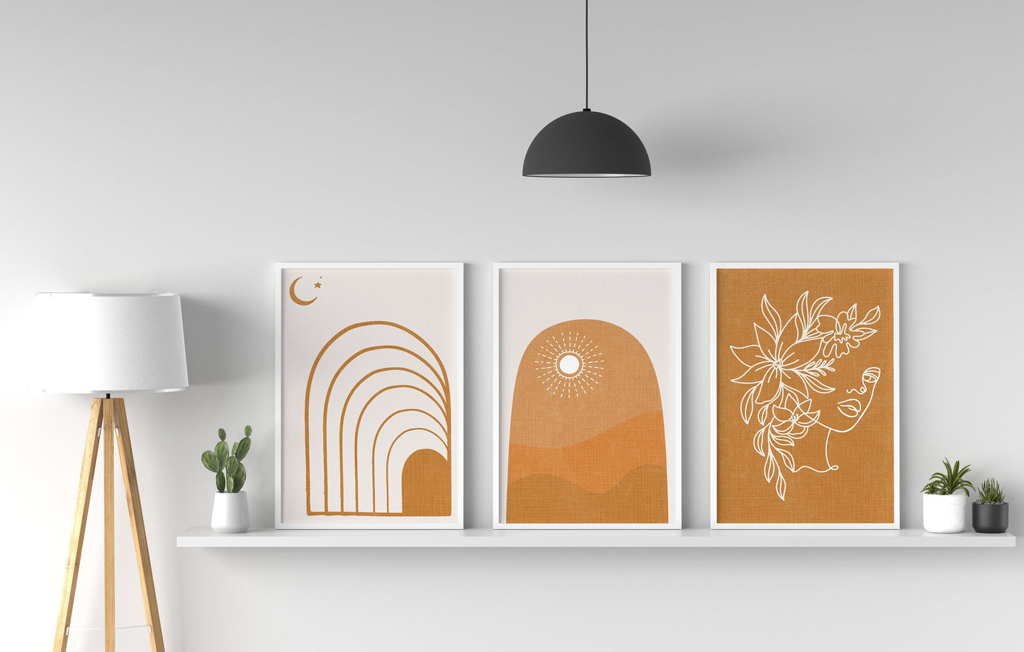 BoHo Abstract Set Three Print, Mid Century Modern Home Decor, Botanical Line Art Geometric Wall Art Design, Terracotta