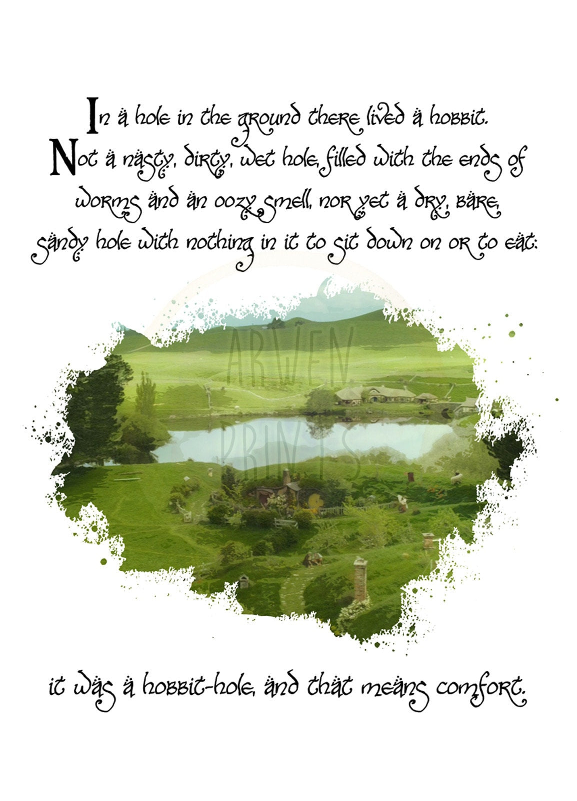 The Lord of the Rings The Shire Hobbit Hole Watercolor with Quote